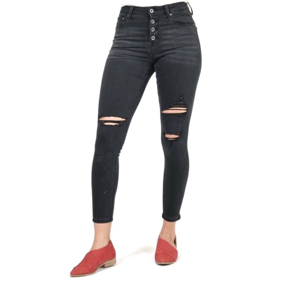 GRACE in LA Destroyed Button Fly Easy-Rise Vintage Black Skinny Jeans 28 6 NEW - Picture 2 of 13